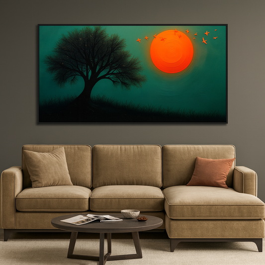 Abstract Nature Painting of Tree and Moon in the Sky for Home Décor