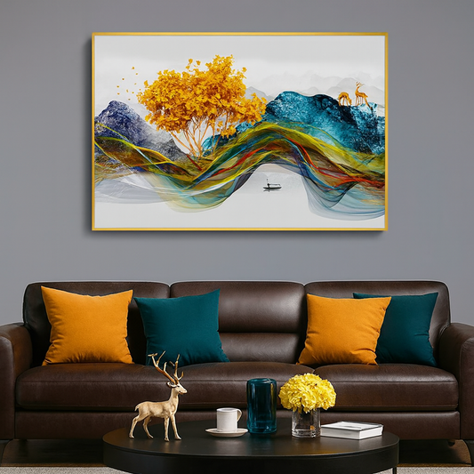 Beautiful Golden Tree With Deer Nature Acrylic Wall Paintings & Arts