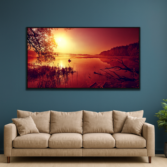 Beautiful Sunrise View on Calm Mountain Lake Vibrant Nature Canvas Wall Painting