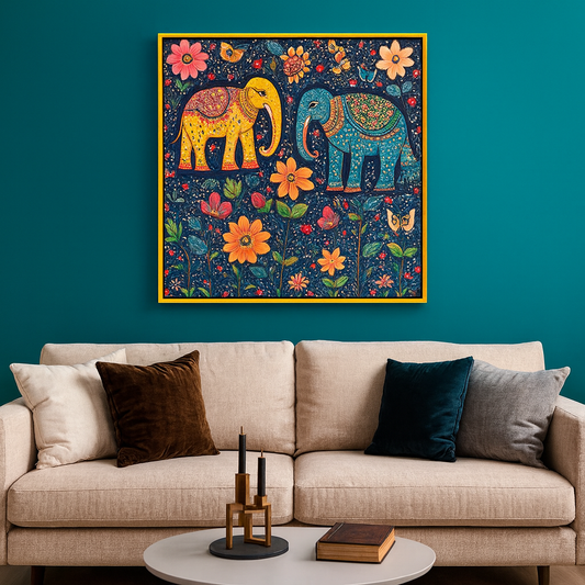 Classic Madhubani Wall Painting with Colorful Depictions of Nature and Wildlife
