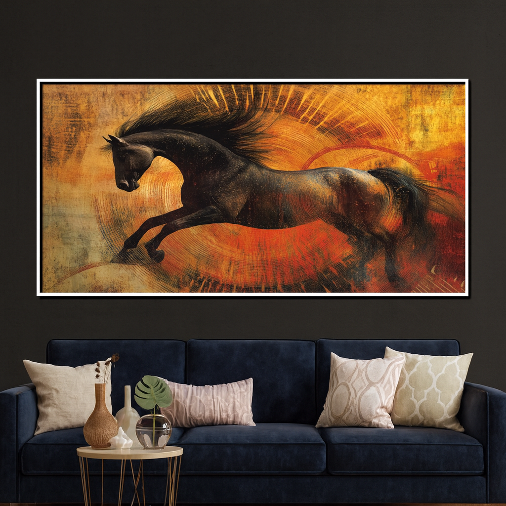 Dynamic Black Horse Wall Art – Abstract Energy-Inspired Painting on Fiery Textured Background