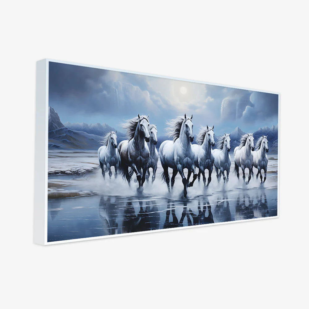 Eight Running Light Blue Horses Vastu Canvas 3d Wall Painting With Framed