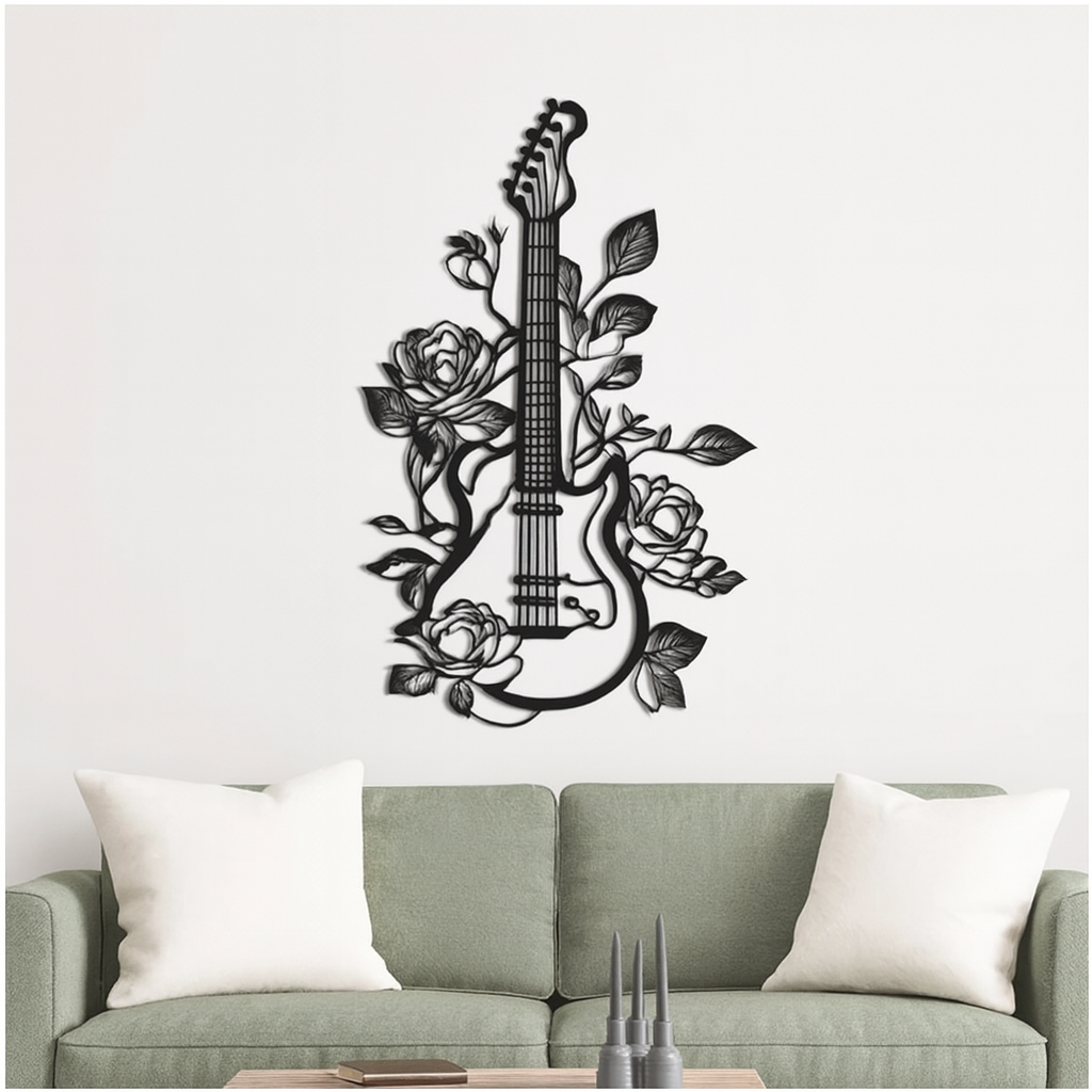 Electric Guitar With Roses Wood Wall Decor