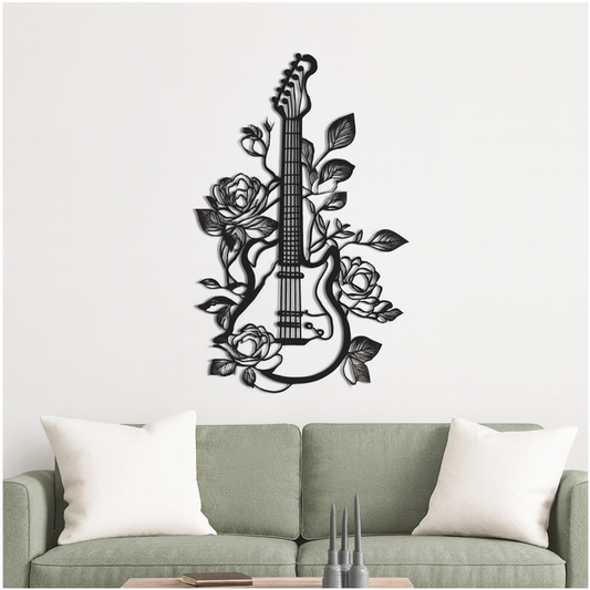 Electric Guitar With Roses Wood Wall Decor