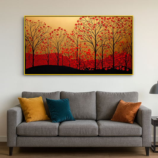 Gold and Red Tree Nature Canvas Wall Painting with Floating Frame