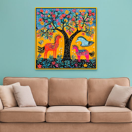 Madhubani Canvas Painting with Nature and Wildlife Depicted in Festive Colors