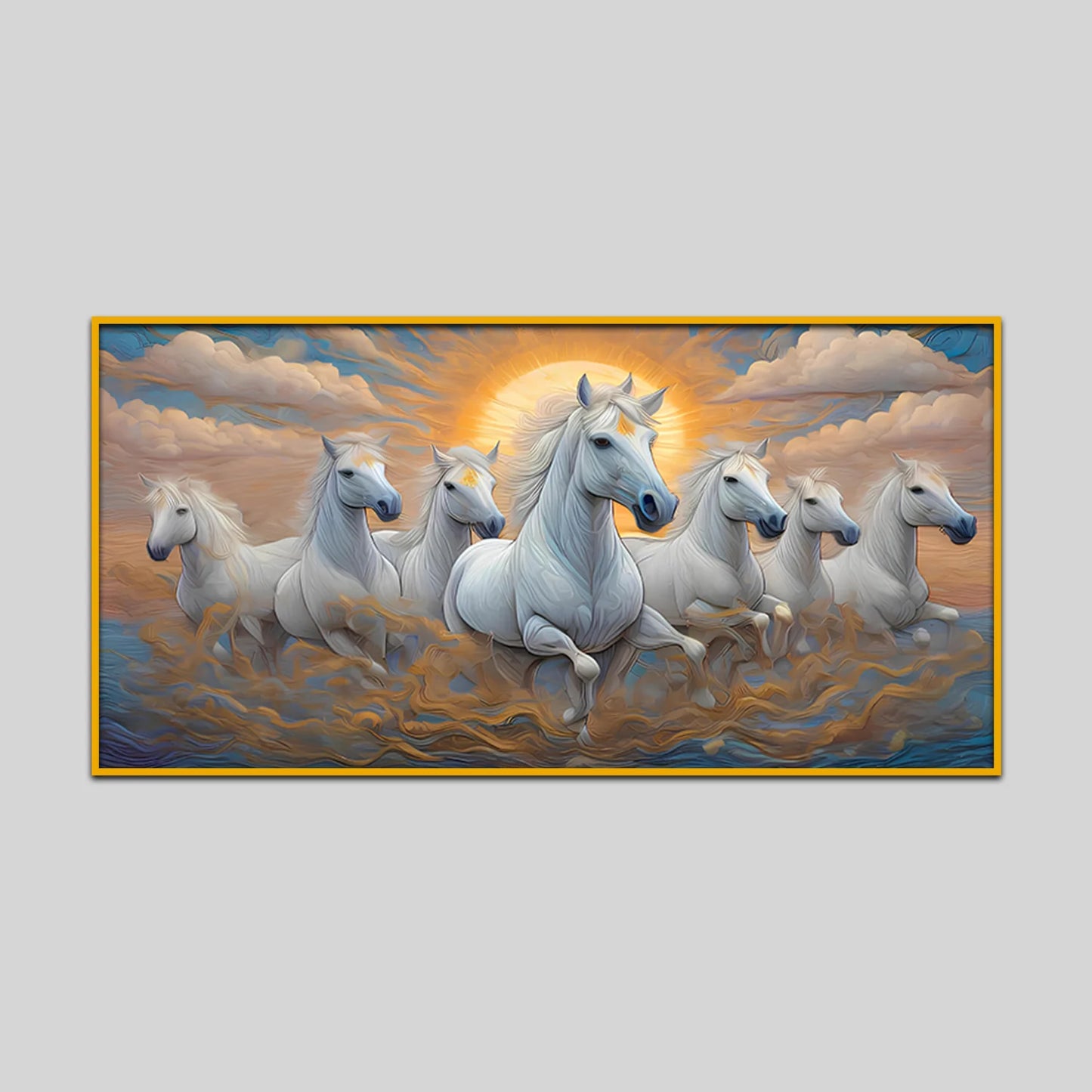 Premium Seven Running Horses With Sunrise Canvas Wall Paintings