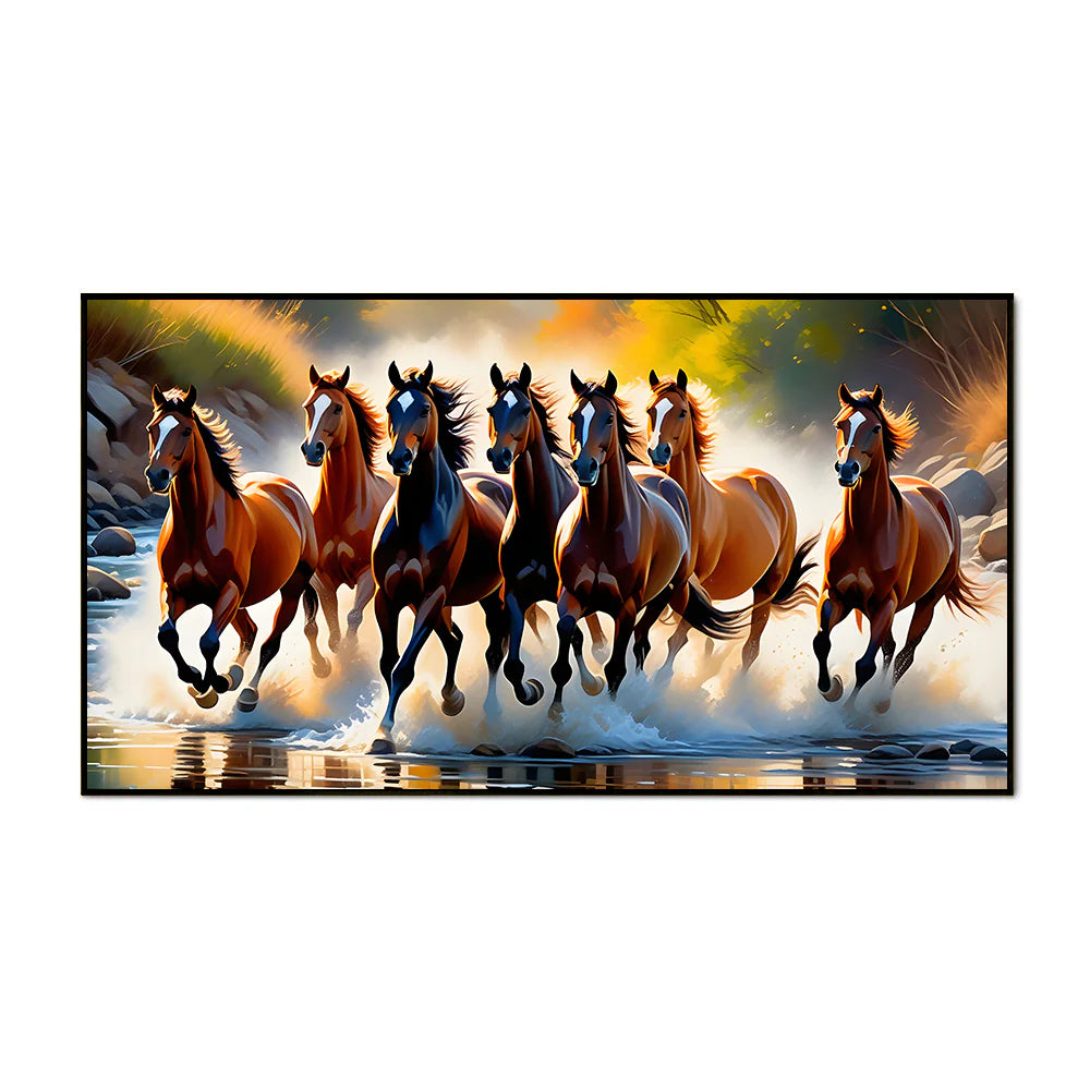 Seven Running Horses on River Canvas Wall Décor Painting With Floating Framed Clearance