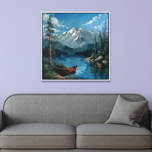 Snow Capped Mountain Nature Painting with Boat, Trees for Home Décor