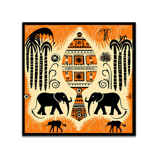 Tribal Elephant Ethnic Village Pot Motif with Nature Elements Canvas Wall Painting