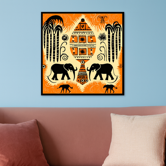 Tribal Elephant Ethnic Village Pot Motif with Nature Elements Canvas Wall Painting