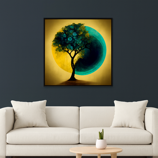Yin Yang Teal and Gold Abstract Nature Tree Modern Canvas Wall Painting