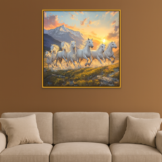 7 Running White Horses Vastu Inspired Canvas Wall Painting