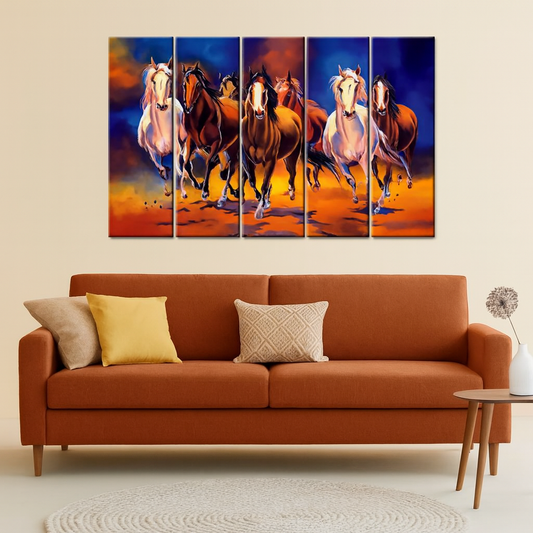 Beautiful Seven Running Horses 5 Pieces Canvas Print Wall Painting