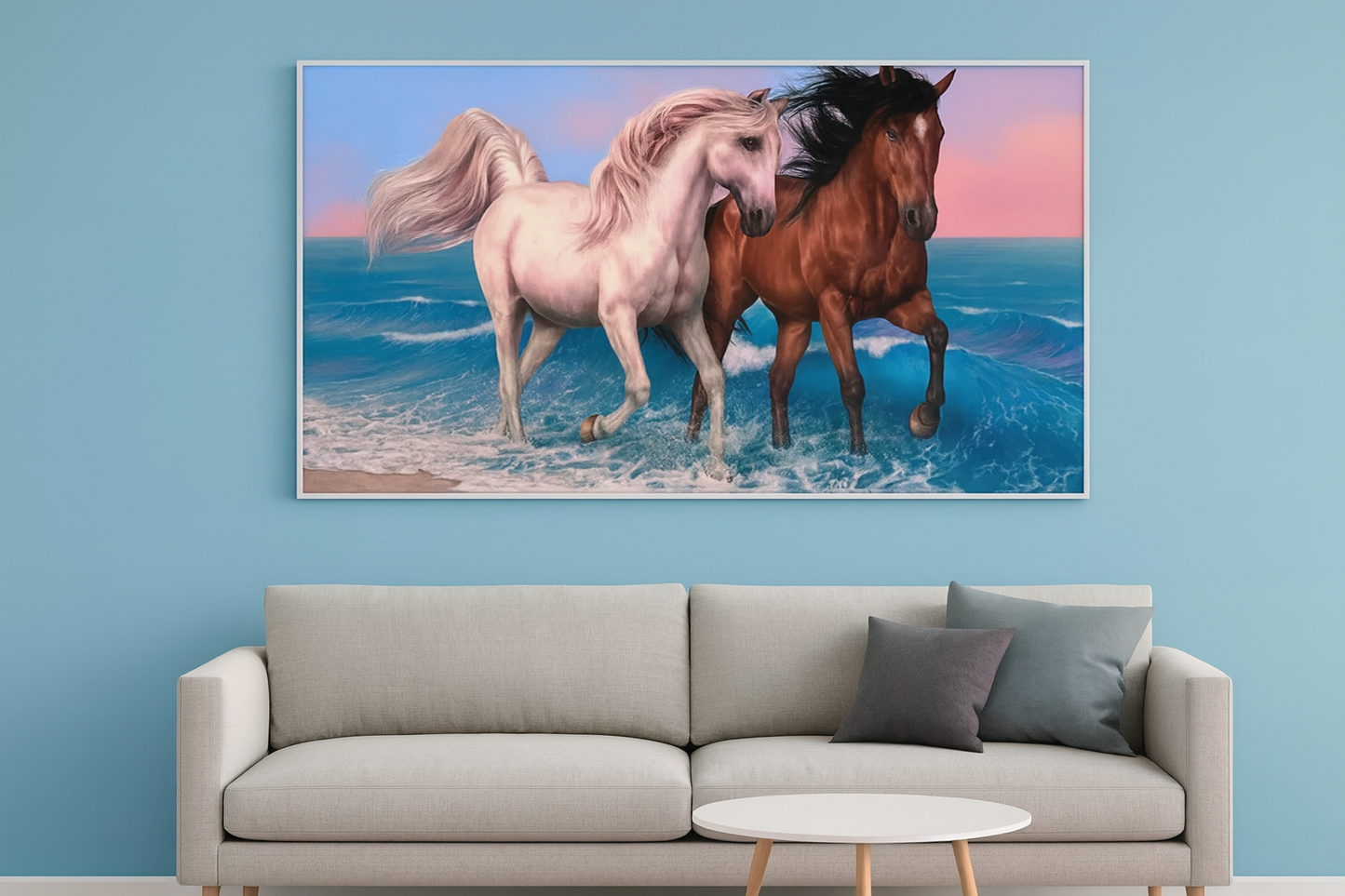 Big Panoramic Two Running Horses Canvas Wall Painting