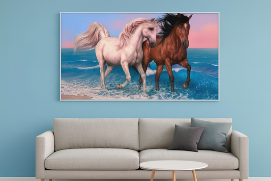 Big Panoramic Two Running Horses Canvas Wall Painting