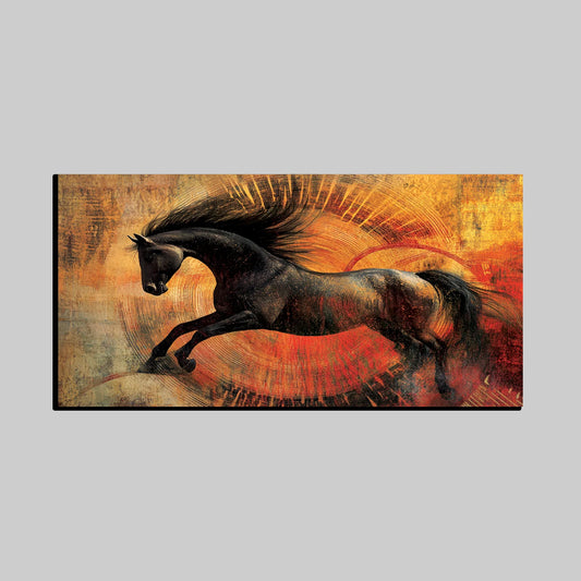 Dynamic Black Horse Wall Art – Abstract Energy-Inspired Painting on Fiery Textured Background
