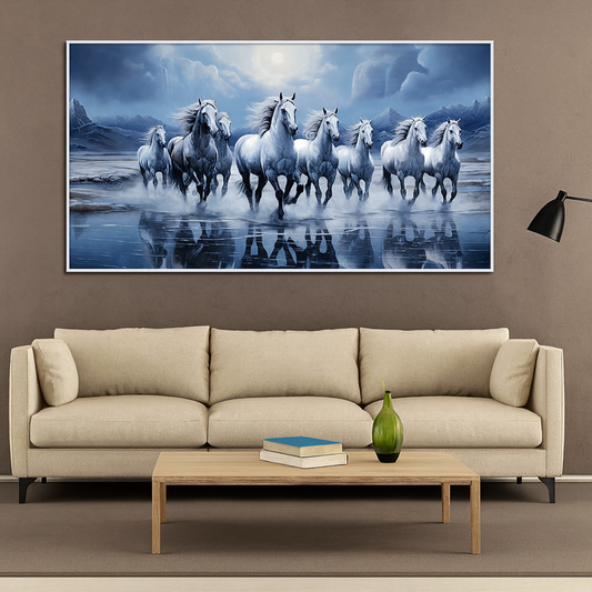 Eight Running Light Blue Horses Vastu Canvas 3d Wall Painting With Framed