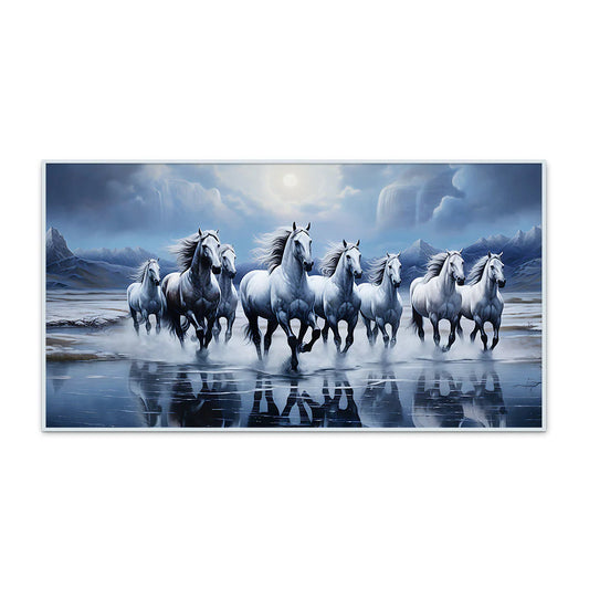 Eight Running Light Blue Horses Vastu Canvas 3d Wall Painting With Framed