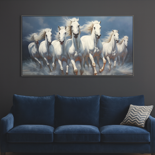 Elegant Galloping 7 Running Horses Modern Art Vastu Canvas Wall Painting