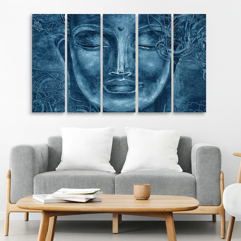 Face Sculpture of Buddha Five Pieces Wall Painting
