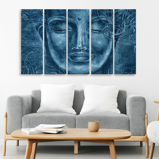 Face Sculpture of Buddha Five Pieces Wall Painting