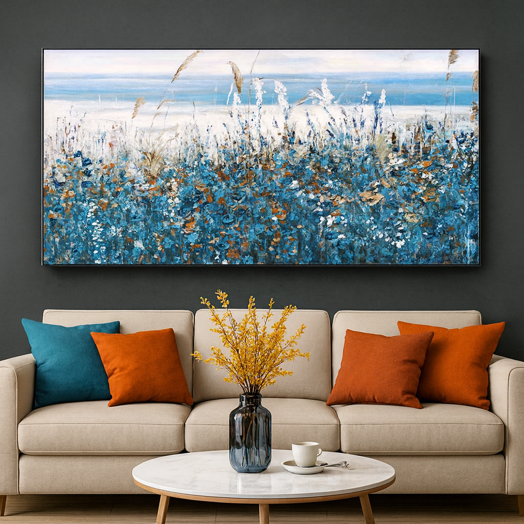 Flower abstract art on canvas Nature home decor blue horsetail grass canvas painting