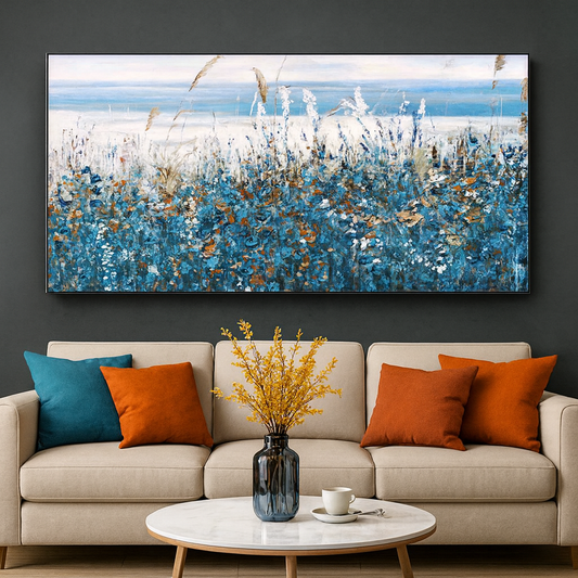 Flower abstract art on canvas Nature home decor blue horsetail grass canvas painting