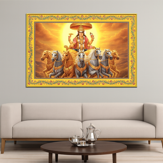 Lord Surya with Horses Floral Border Canvas Wall Painting