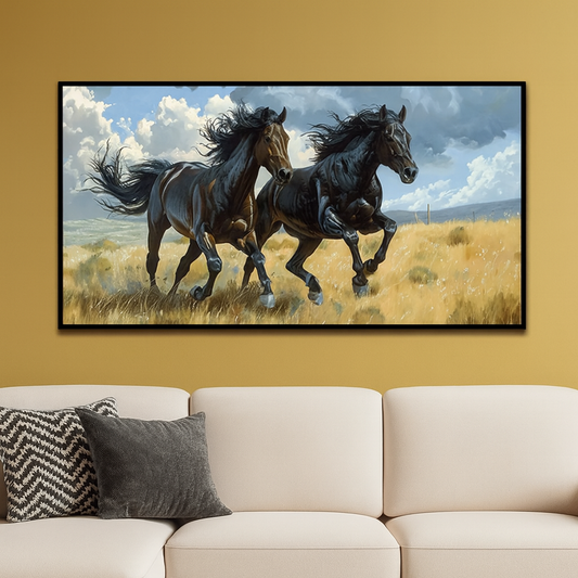 Majestic 2 Black Running Horses Canvas Wall Painting