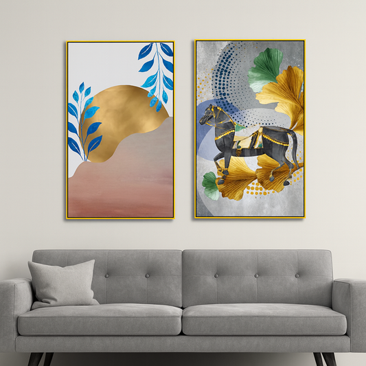 Mystery Golden Horse Modern Art Digital Print Canvas Wall Painting Two Pieces
