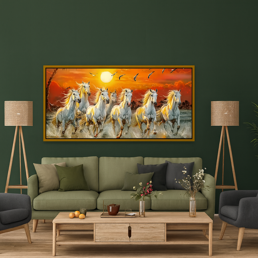 Premium 7 Running Horses at Sunrise Vastu Canvas Wall Painting with Floating Frame