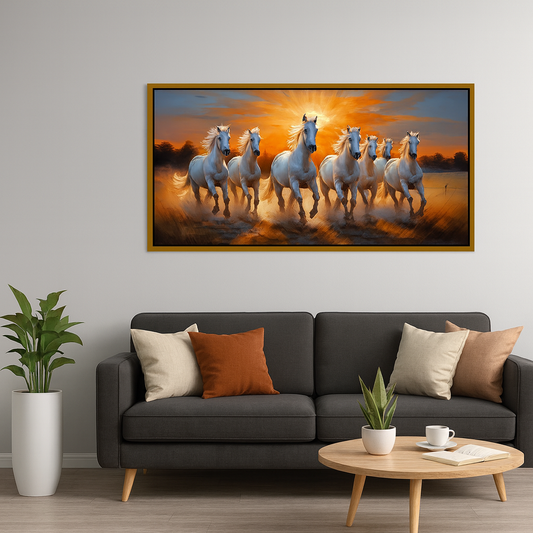 Premium Design Seven Running Horses With Sunrise Canvas Wall Paintings