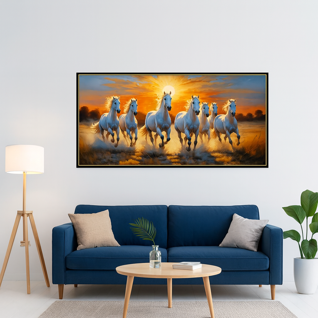 Premium Design Seven Running Horses With Sunrise Canvas Wall Paintings