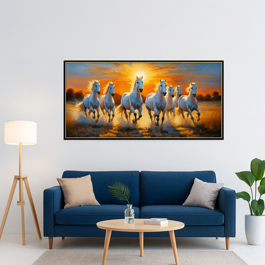 Premium Design Seven Running Horses With Sunrise Canvas Wall Paintings