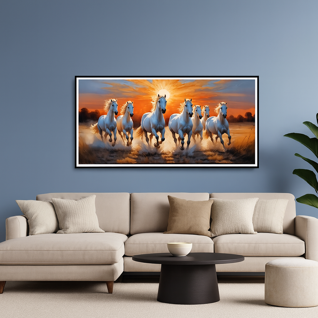 Premium Design Seven Running Horses With Sunrise Canvas Wall Paintings