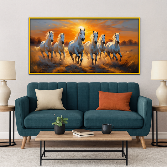 Premium Design Seven Running Horses With Sunrise Canvas Wall Paintings