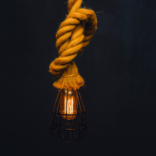 Rustic Hanging Rope filament lamp with cage, retro pendant light, with filament bulb T45