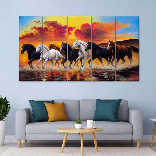 Seven Running Horses Wall Painting 4 Pieces Canvas Printed Painting