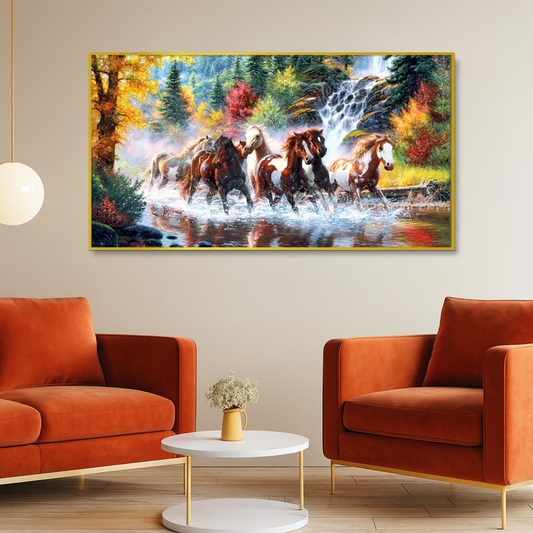 Seven Running Horses in Water Canvas Big Panoramic Wall Painting
