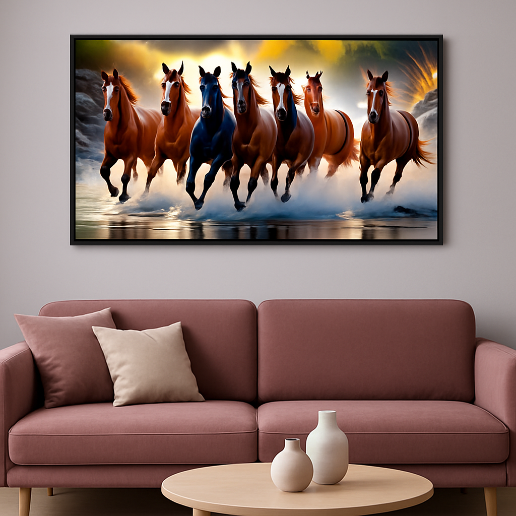 Seven Running Horses on River Canvas Wall Décor Painting With Floating Framed