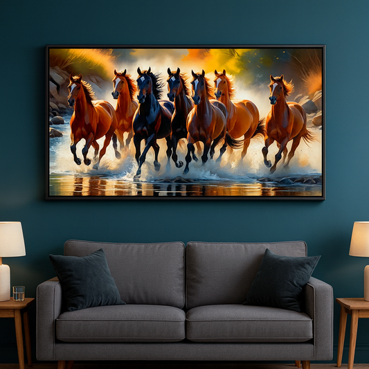 Seven Running Horses on River Canvas Wall Décor Painting With Floating Framed Clearance