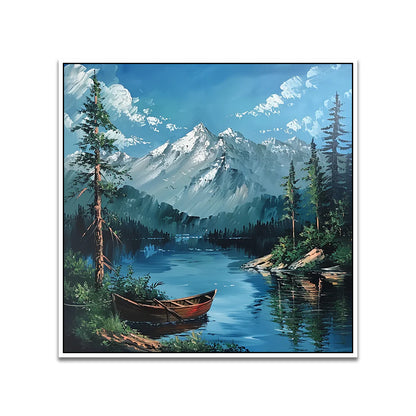 Snow Capped Mountain Nature Painting with Boat, Trees for Home Décor