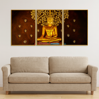 Spiritual Golden Gautam Buddha Floating Canvas Wall Painting Set of Three