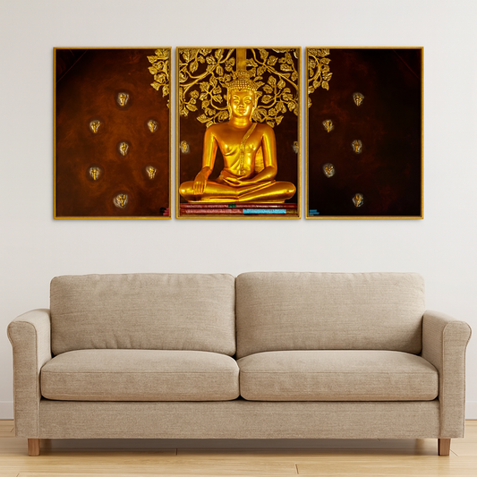 Spiritual Golden Gautam Buddha Floating Canvas Wall Painting Set of Three