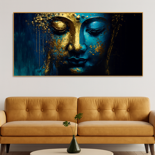 Spiritual Lord Budha face in Golden Canvas Touch Wall Painting