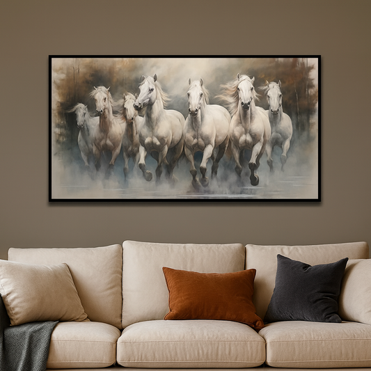 Stunning 7 White Running Horses Modern Art Canvas Wall Painting