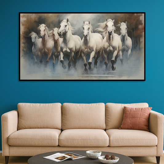 Stunning 7 White Running Horses Modern Art Canvas Wall Painting Clearance Sale