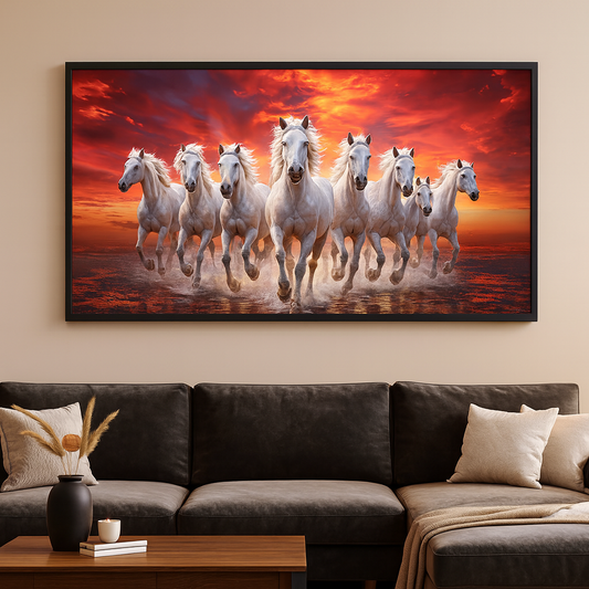 Vastu 7 Running Horses Canvas Wall Painting with Floating Frame