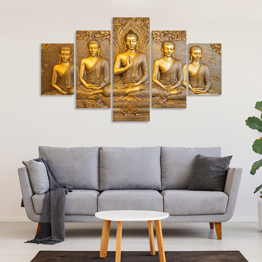 Wall Painting of Lord Buddha in Thailand Temple 5 Pieces Canvas